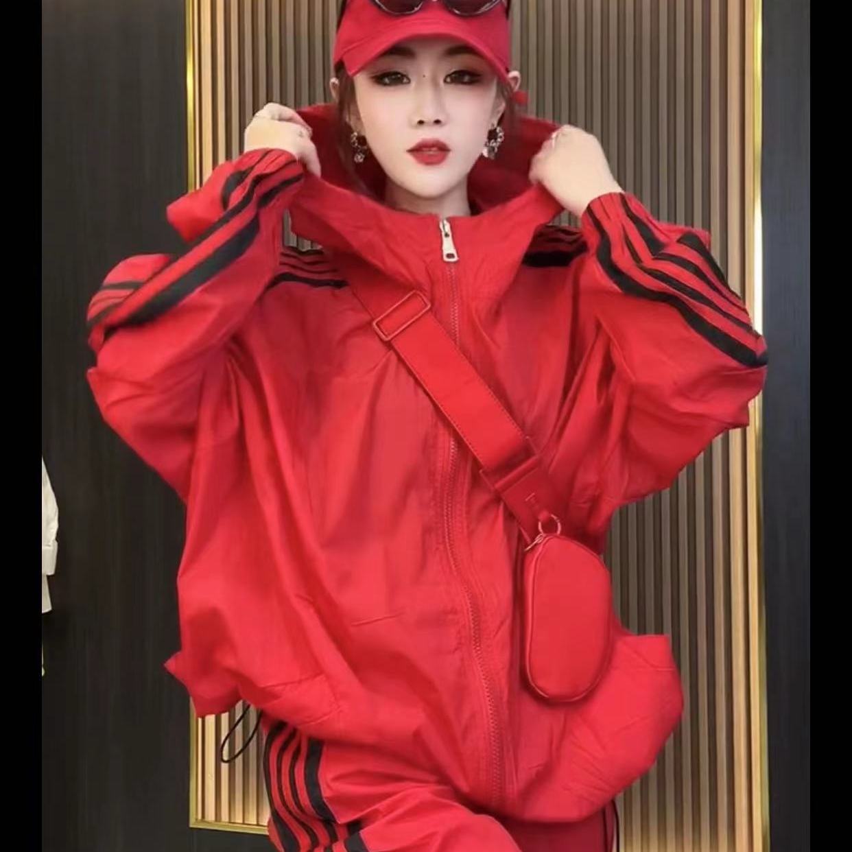 欧洲站时尚拼色防晒运动套装女春夏休闲宽松拉链外套裤子两件套潮