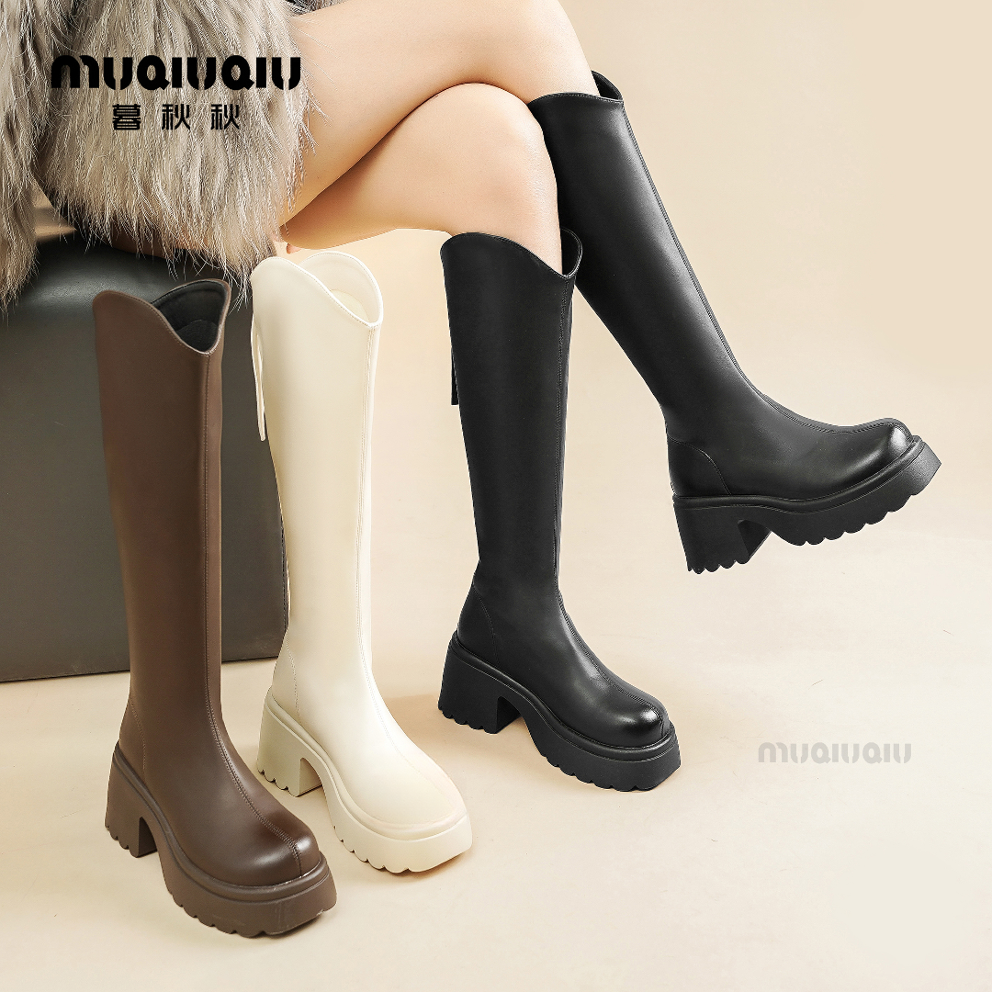 不过膝v口长筒靴女2025秋冬新款骑士靴小个子ins增高瘦瘦靴【潮流】