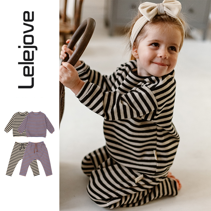【lelejove】北欧风童装儿童春秋厚款条纹长袖宝宝卫衣套装1AS36012