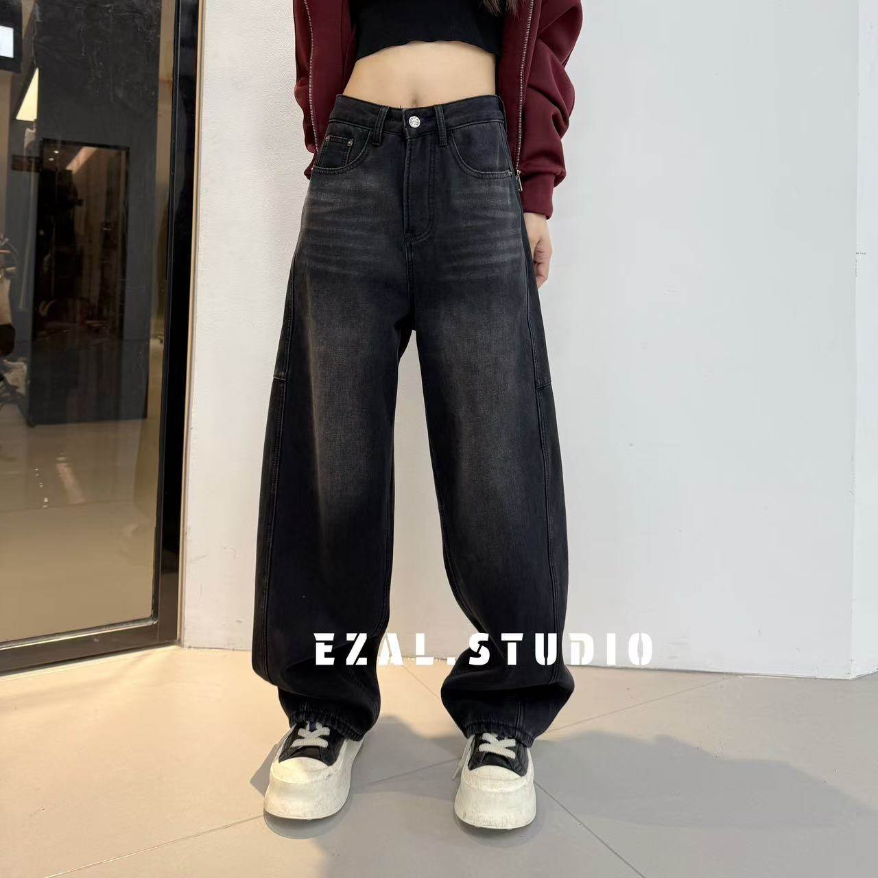 9959【黑牛】黑灰色时尚中高腰显瘦老爹裤牛仔裤宽松百搭女潮流