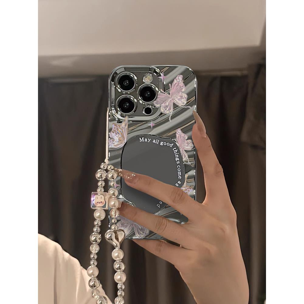 ins水晶梦幻蝴蝶苹果14promax手机壳iphone15/13/12/11镜面xr电镀