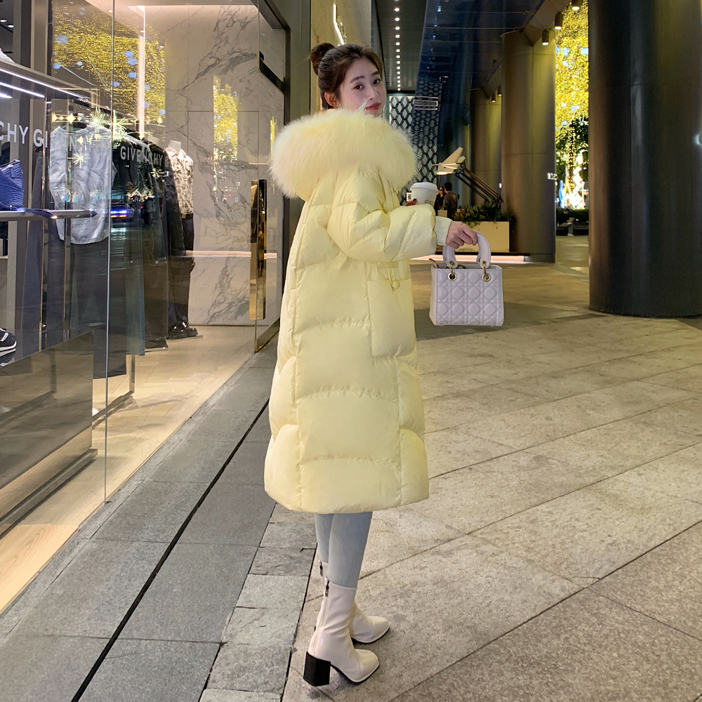 黄色羽绒服女中长款2024冬新款超大貉子毛领极寒加厚保暖时尚外套
