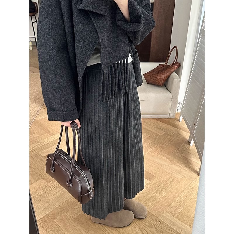灰色针织百褶半身裙女2025早春韩系高腰显瘦百搭中长款a字伞裙子