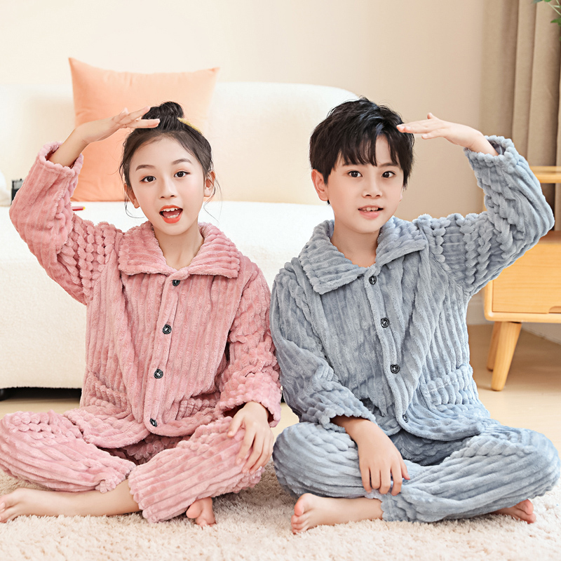 秋冬季儿童法兰绒睡衣男童女童珊瑚绒宝宝男孩保暖加厚家居服套装