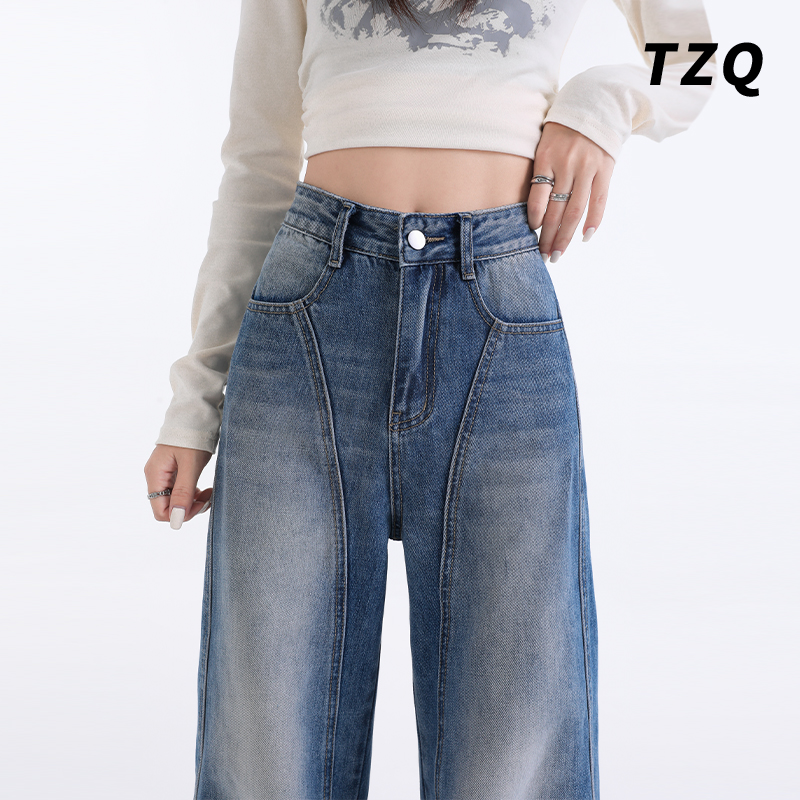 美式阔腿牛仔裤女春夏复古水洗高腰宽松显瘦拼接直筒长裤TZQ92663