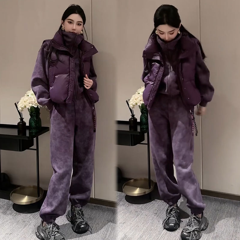 2024秋冬季新款加绒时尚加厚休闲卫衣套装女宽松大码马甲三件套潮