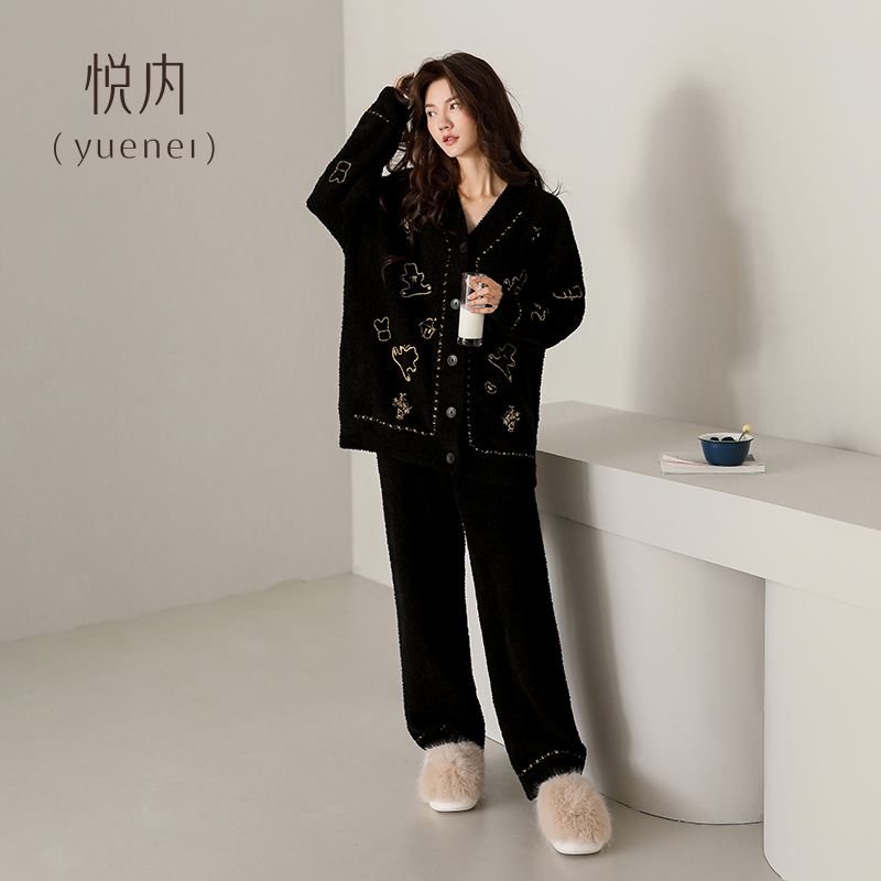 悦内半边绒睡衣女款秋冬季冬款保暖珊瑚绒软绵绵家居服可外穿小熊