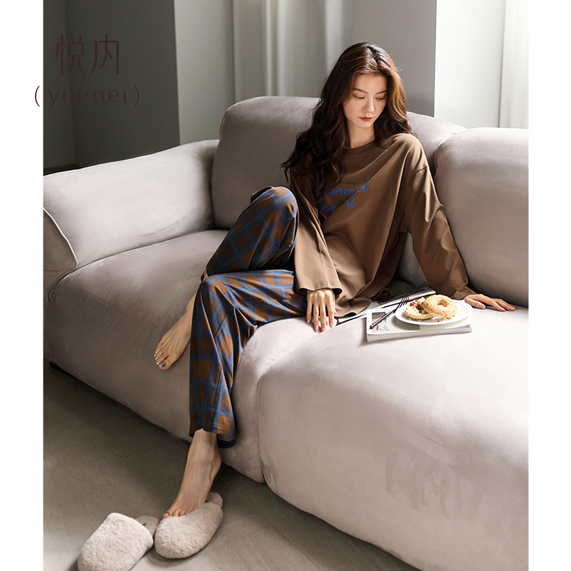 悦内睡衣女春秋季秋款长袖纯棉家居服圆领套头大码休闲可外穿出门