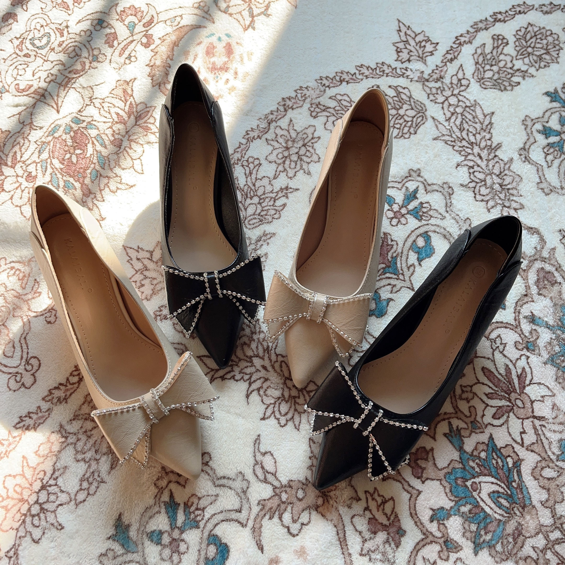 尖头浅口细高跟水钻蝴蝶结春秋新款中跟矮跟通勤职业工作女单鞋