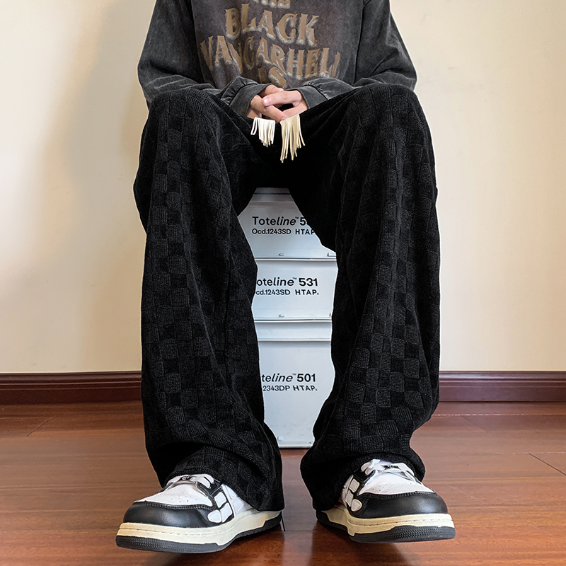 棋盘格卫裤男春秋潮流百搭日系休闲裤子垂感阔腿直筒长裤裤子男