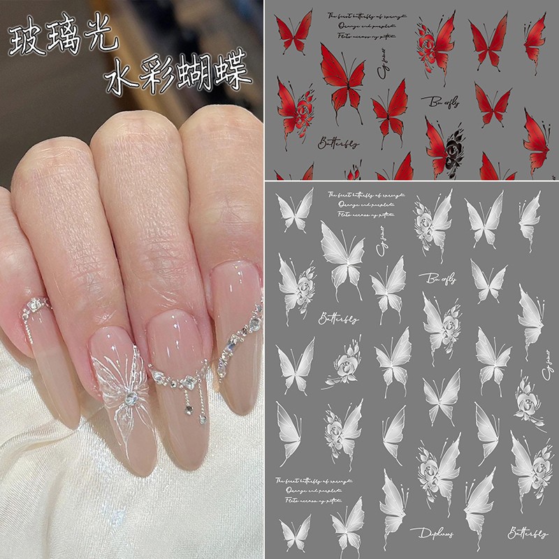 水彩蝴蝶美甲贴纸玻璃光立体蝴蝶穿戴指甲油贴相机2025diy贴纸