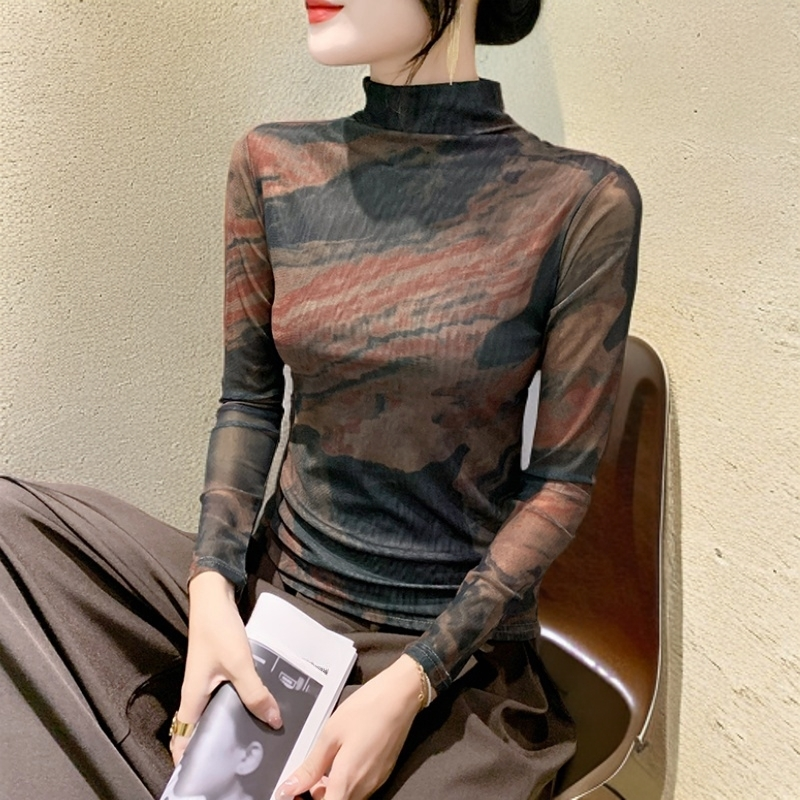 高级感女士时尚百搭服装修身气质正版网纱上衣秋冬长袖t恤打底衫