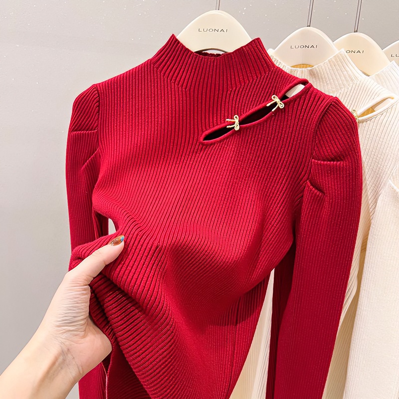 半高领针织衫女秋冬2025新款镂空毛衣长袖内搭打底衫修身显瘦上衣