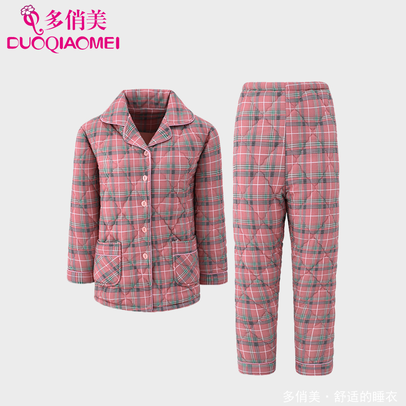 睡衣女冬季纯棉加厚三层夹棉全棉冬款保暖中年女款妈妈家居服套装