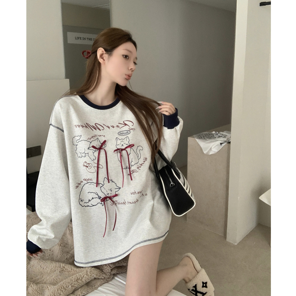 趣味印花宽松长袖卫衣女韩系拼接蕾丝蝴蝶结中长款上衣