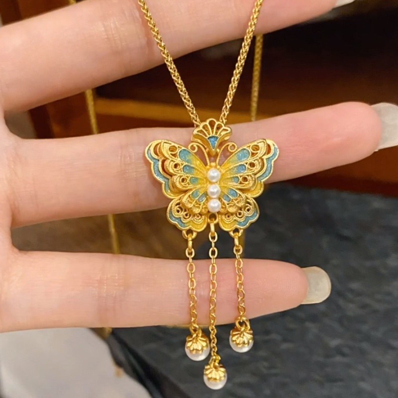 CHEN XI【晨玺】手工时尚经典双层蓝色蝴蝶流苏吊坠 项链久不掉色