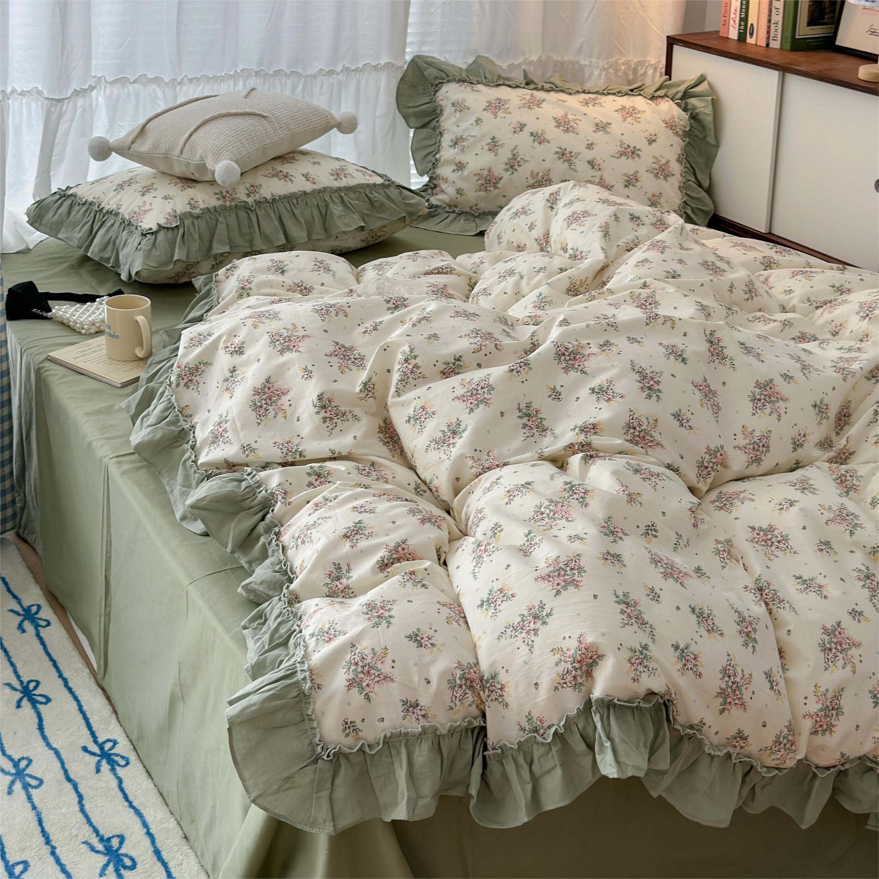 适禾家法式宫廷花边公主风双层纱100%纯棉床单套件碎花四件套学生
