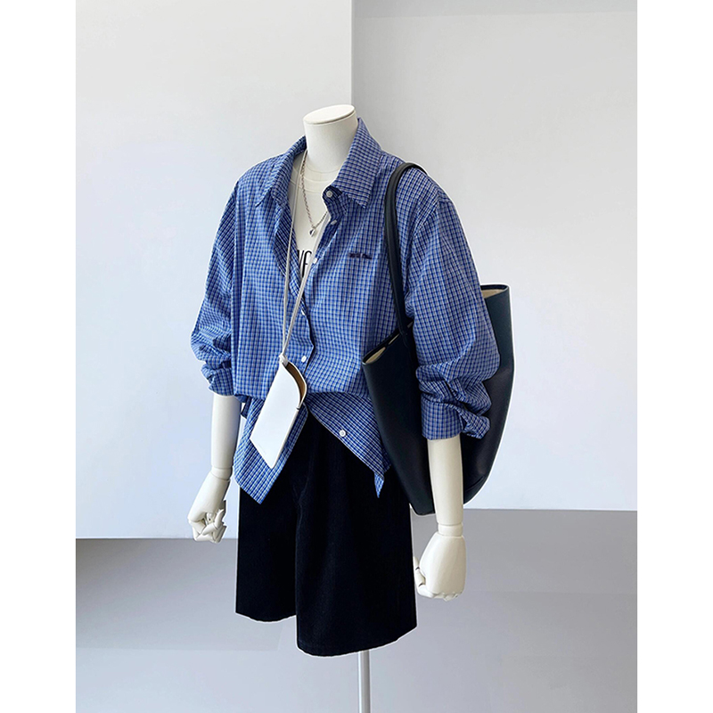 长袖蓝色格子纯棉衬衫女2024秋季韩版宽松百搭衬衣叠穿休闲上衣潮