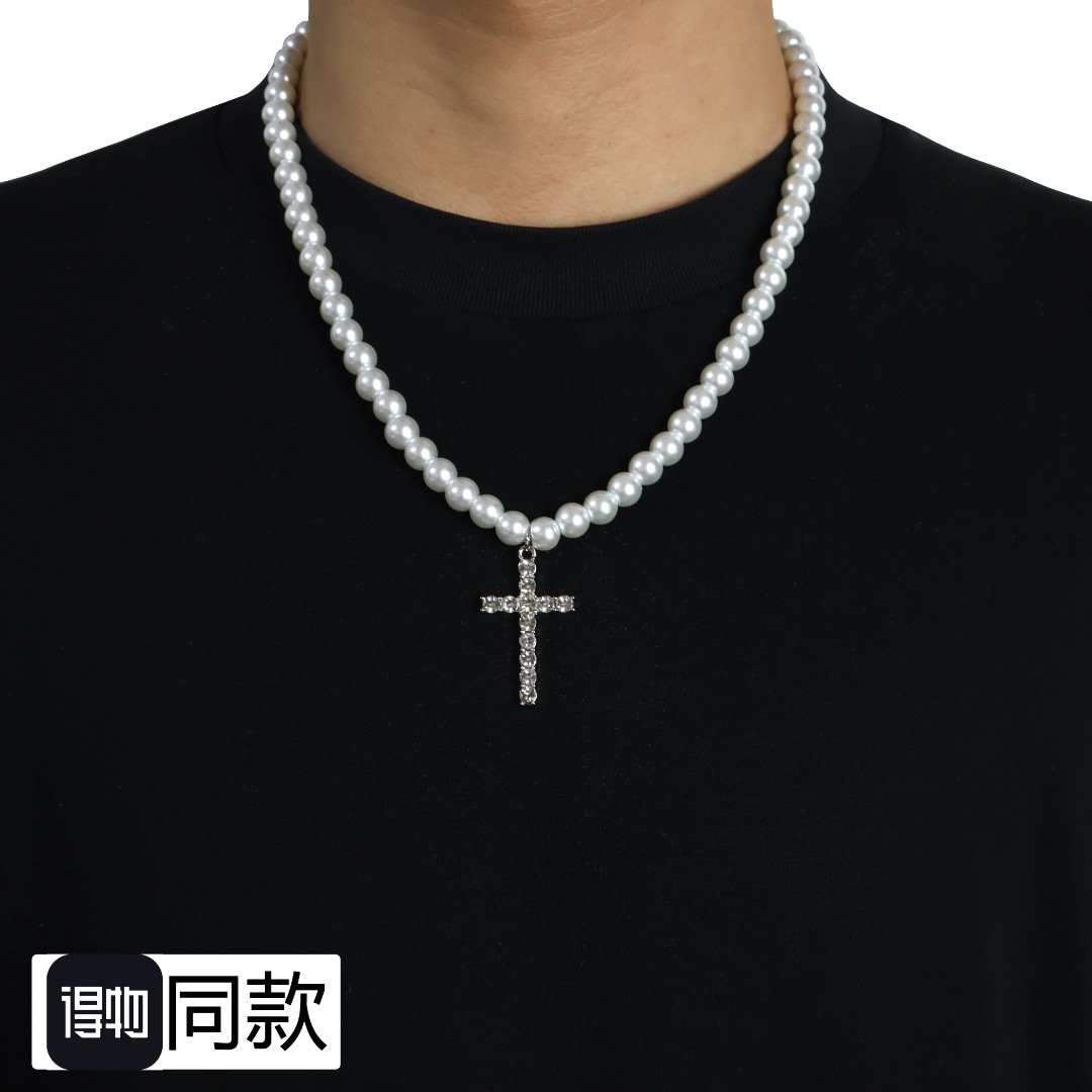 钛钢项链 珍珠十字架项链男女国潮嘻哈锆石吊坠小众轻奢锁骨链女