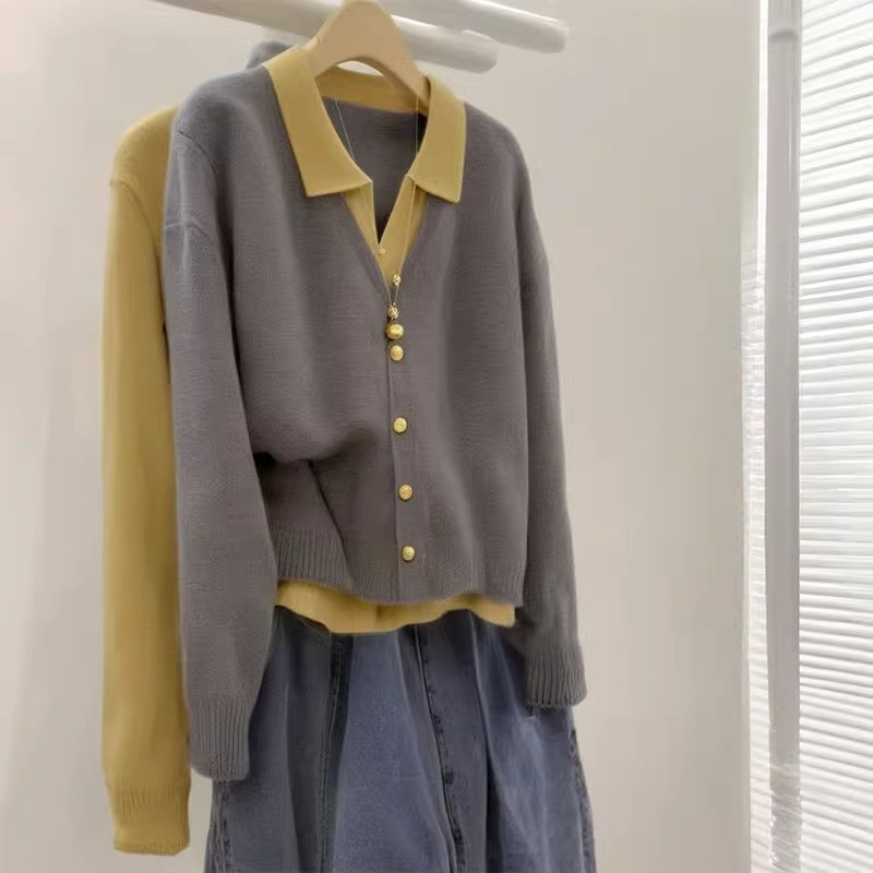 轻熟风时尚减龄针织开衫通勤简约假两件短款外穿显瘦长袖上衣女装