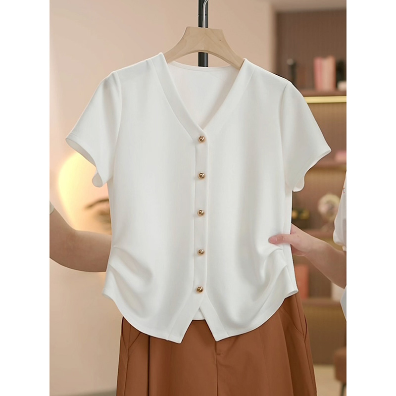 简约百搭纯色短袖T恤女夏季2025新款爆款洋气V领高级感显瘦上衣潮