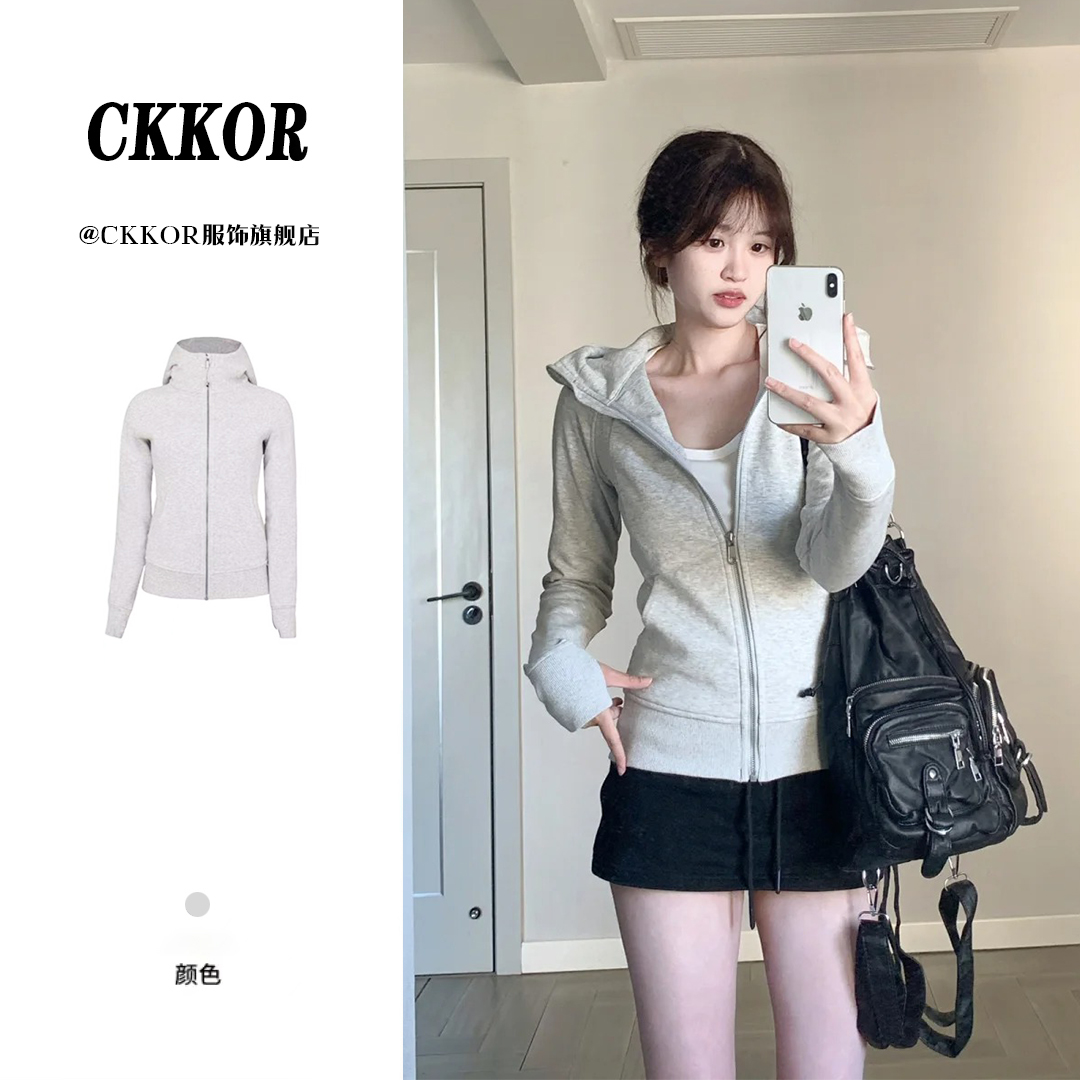 CKKOR春秋新款正肩修身连帽卫衣女返潮复古时尚ins风开衫外套上衣