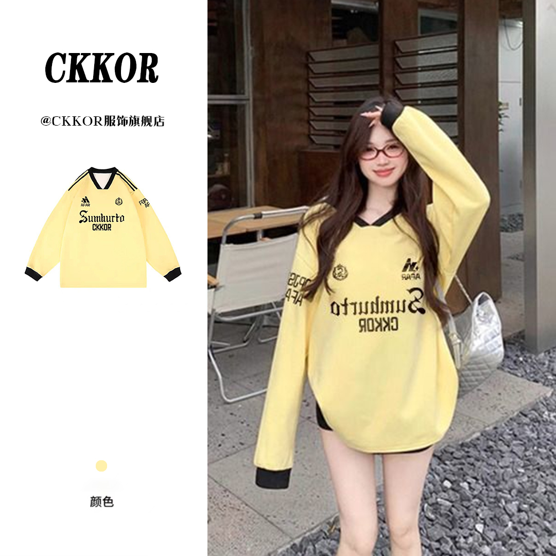 CKKOR春秋新款时尚潮流V领套头卫衣女美式ins印花学院风潮牌上衣