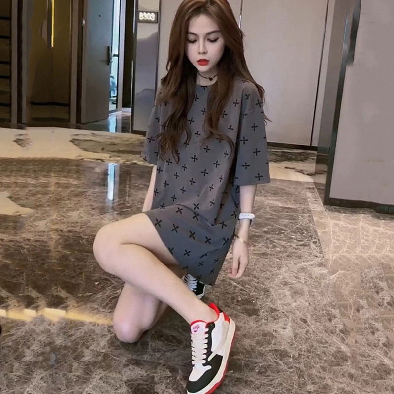 0378#纯棉短袖t恤女夏季中长款潮牌印花胖mm大码宽松显瘦半袖上衣