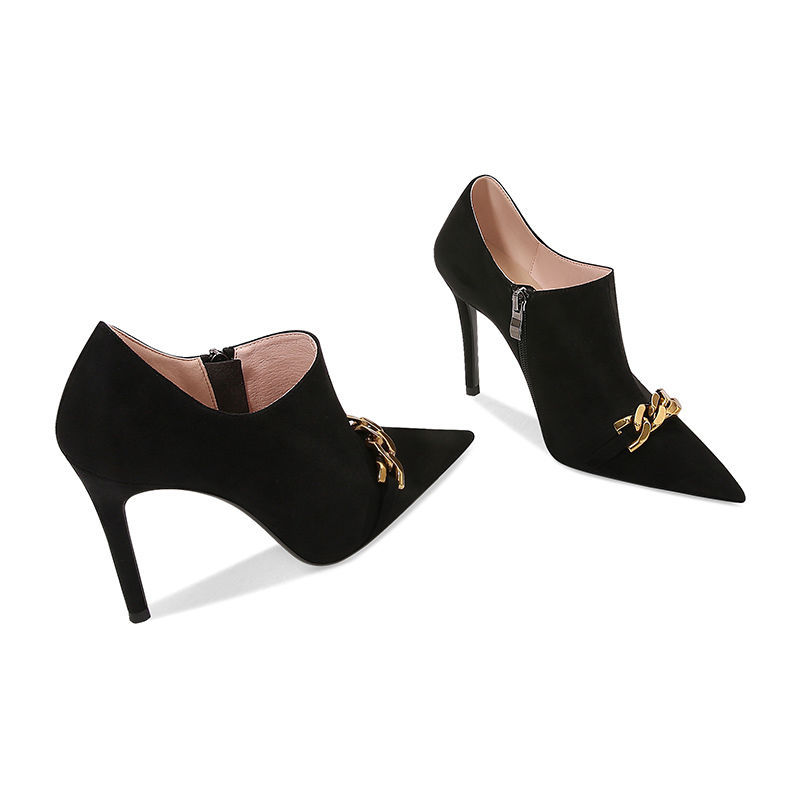 高跟鞋细跟深口单鞋女2024新款黑色绒面尖头拉链舒适扣子单鞋