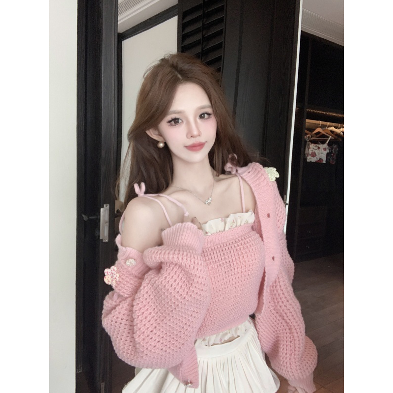 甜美立体花朵针织秋季粉色设计感女装毛衣开衫吊带背心时尚两件套
