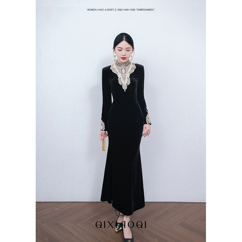 七小七Sicily【柏林花事】法式赫本拼色立领连衣裙小众设计气质长裙