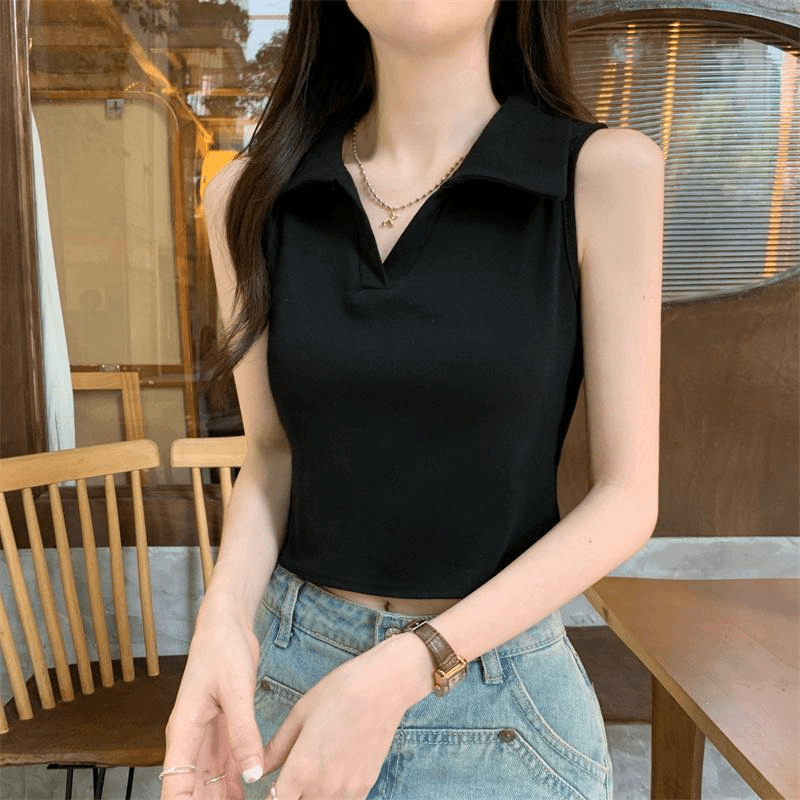 美式polo领辣妹女内搭夏季设计感小众外穿无袖短款复古黑色上衣