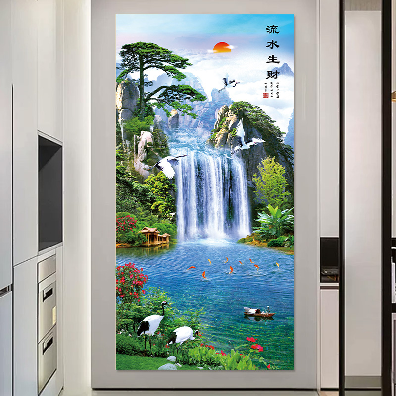 入户玄关装饰画自粘贴画客厅走廊过道墙壁中式流水生财风景山水画