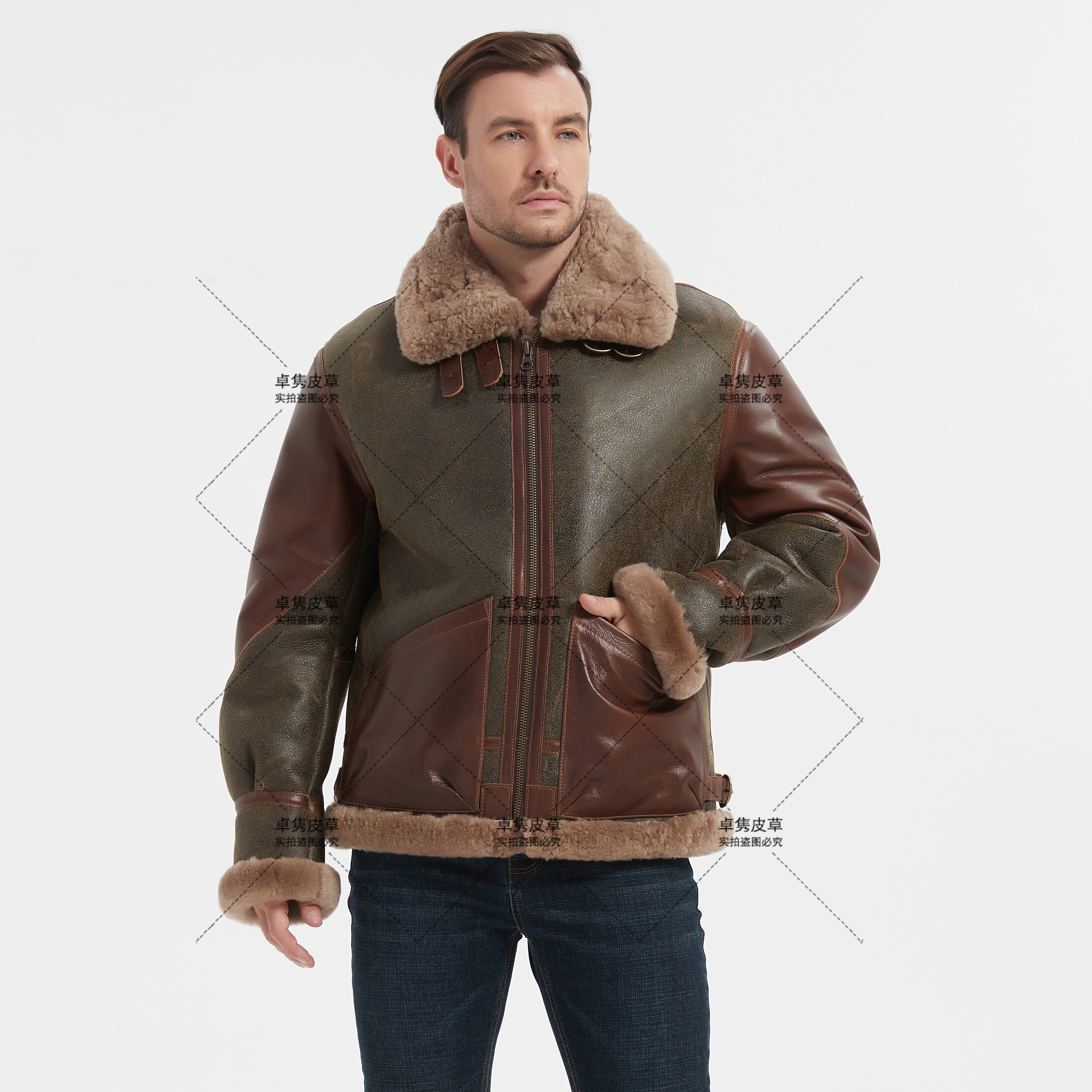 原生态羊皮毛一体男士复古保暖巴顿真皮做旧复古龟裂美式冬季抗寒