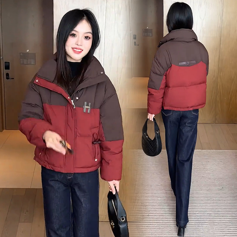 时尚短款撞色立领羽绒棉服女冬季新款洋气显瘦保暖棉袄面包服外套