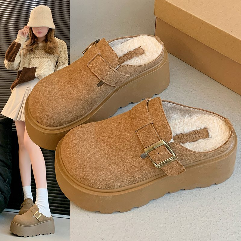 7CM 加绒包头拖鞋女外穿2025秋冬款小个子厚底时尚加绒毛毛勃肯鞋