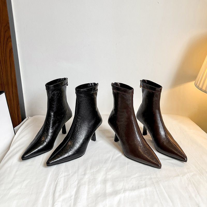 尖头短靴女2025冬季新款女靴瘦瘦靴时装高跟靴子女欧美细跟短筒靴
