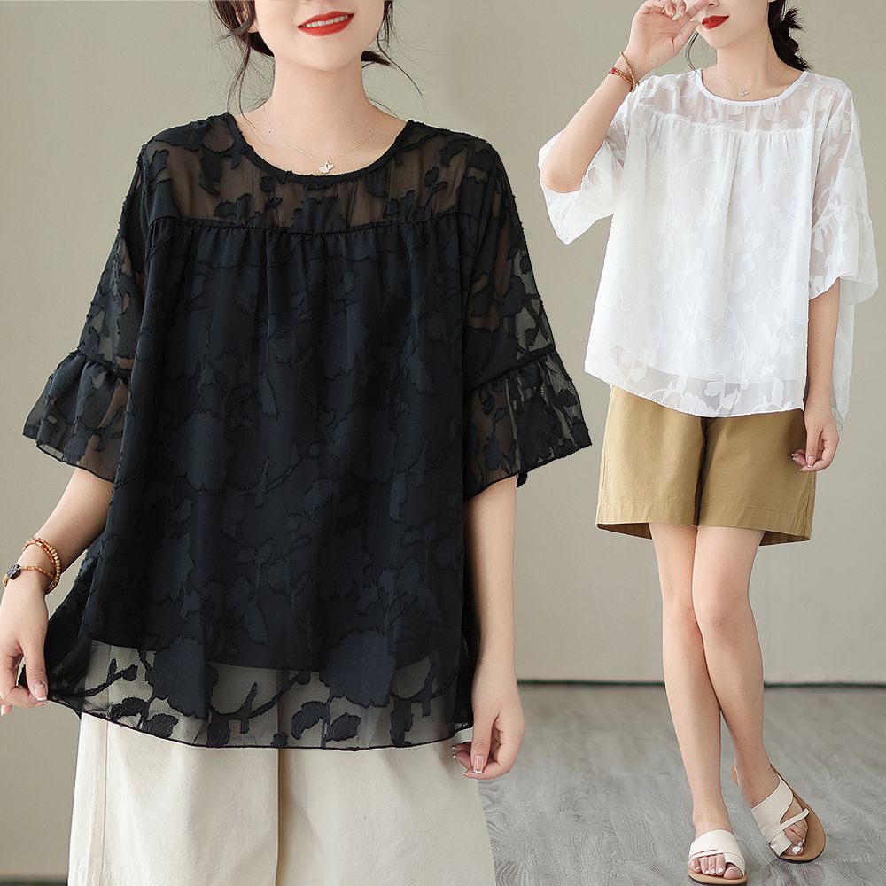 法式小众荷叶半袖网纱t恤女装夏季新款宽松洋气质娃娃衫时髦上衣