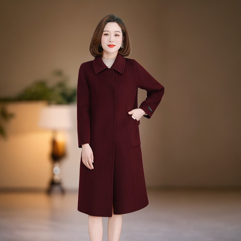 中年妈妈2025秋新款双面绒大衣女中长款高端100%纯羊毛呢外套