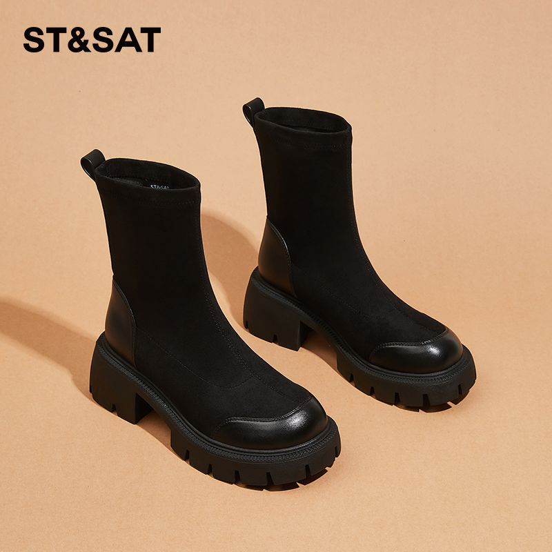 星期六瘦瘦靴2025秋冬百搭加绒粗跟女靴高跟马丁靴子女流行小短靴