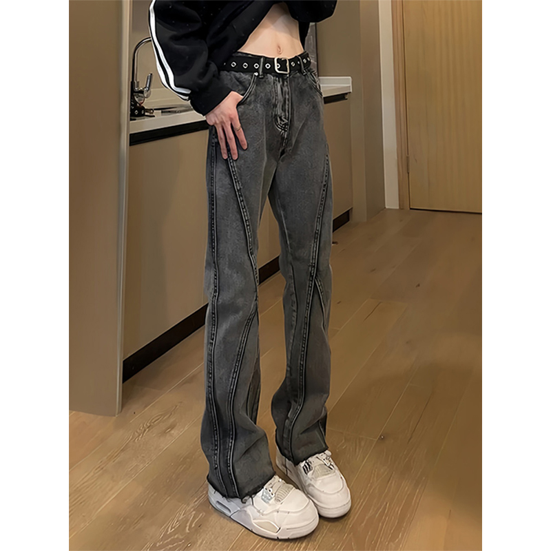 黑灰色毛边微喇牛仔裤男款痞帅高级感拼接裤子高腰修身显瘦直筒裤