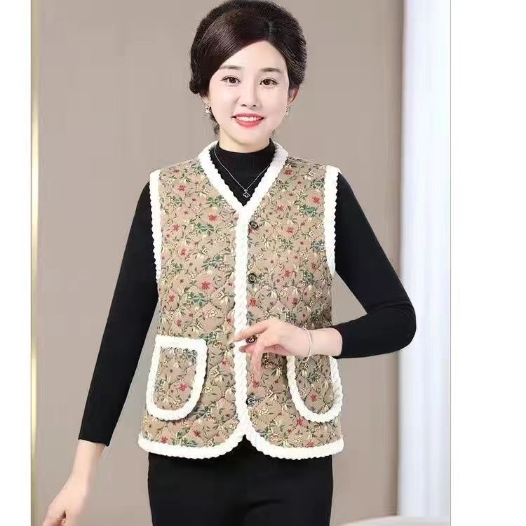 中老年女加绒厚马夹秋冬妈妈装洋气无袖坎肩宽松大码保暖马甲上衣