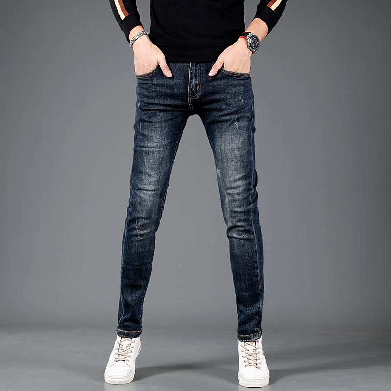秋冬新款高端蓝色水洗牛仔裤男修身小脚简约潮流百搭休闲裤子男士