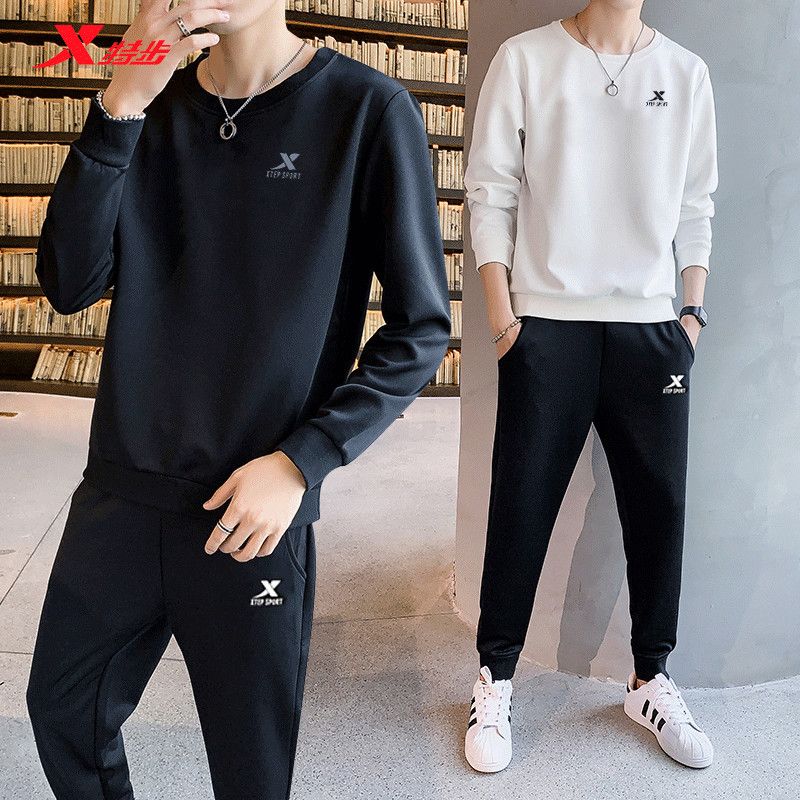 特步运动套装男冬季新款卫衣宽松休闲装跑步服男士长袖长裤两件套