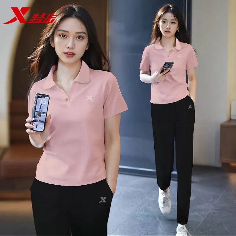 特步运动套装女夏季妈妈装polo短袖长裤透气休闲九分裤显瘦百搭女