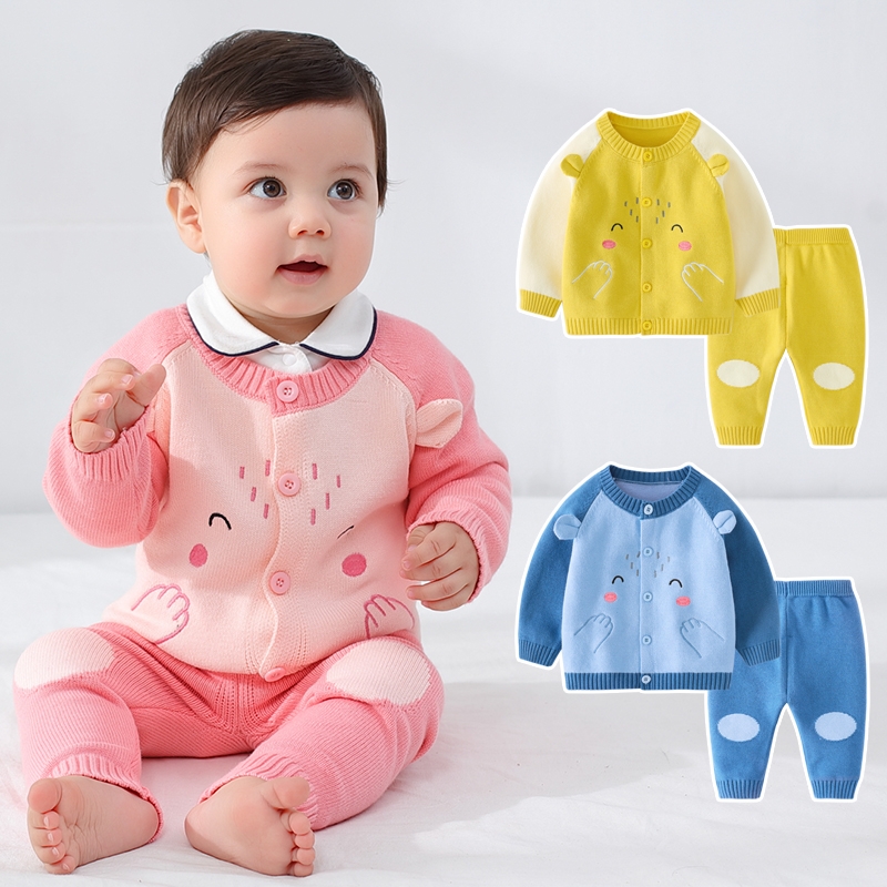 春秋新款婴幼儿毛衣套装男女小童宝宝棉线针织开衫超萌可爱婴儿服