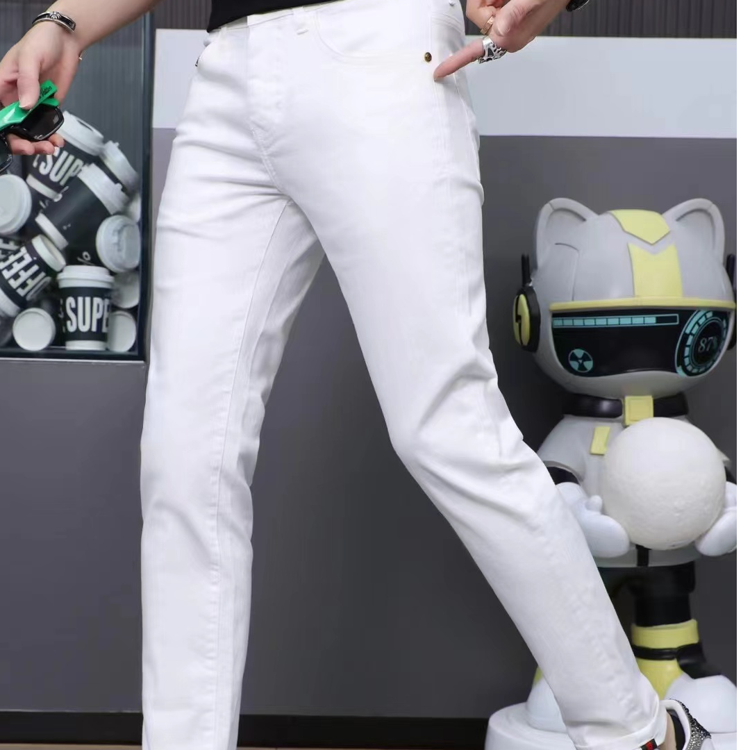 【双蝉男装】潮流时尚个性百搭纯白男士修身小脚牛仔裤