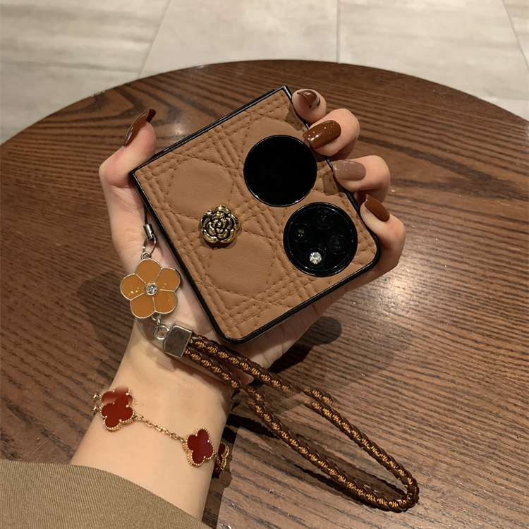 棕菱格线纹棕山茶花手绳适用华为pocket2手机壳p50pocket
