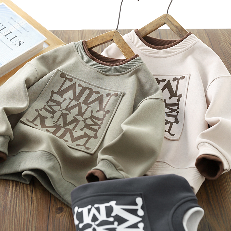 加绒男童儿童2025冬季新款字母贴布假两件中大童卫衣洋气时尚上衣