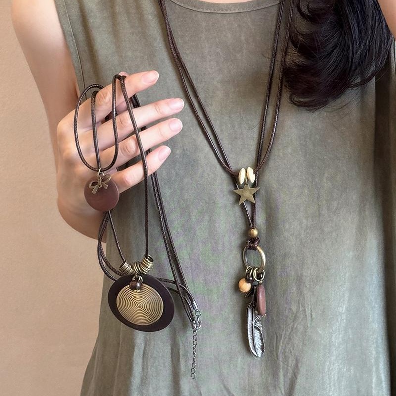 铜合金皮质项链 新中式禅意长款羽毛项链女复古民族风叠戴毛衣链